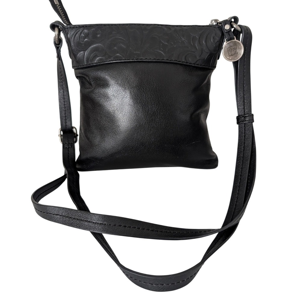Black Leather Crossbody Bag Small Embossed Zip Top Adjustable Strap Minimalist